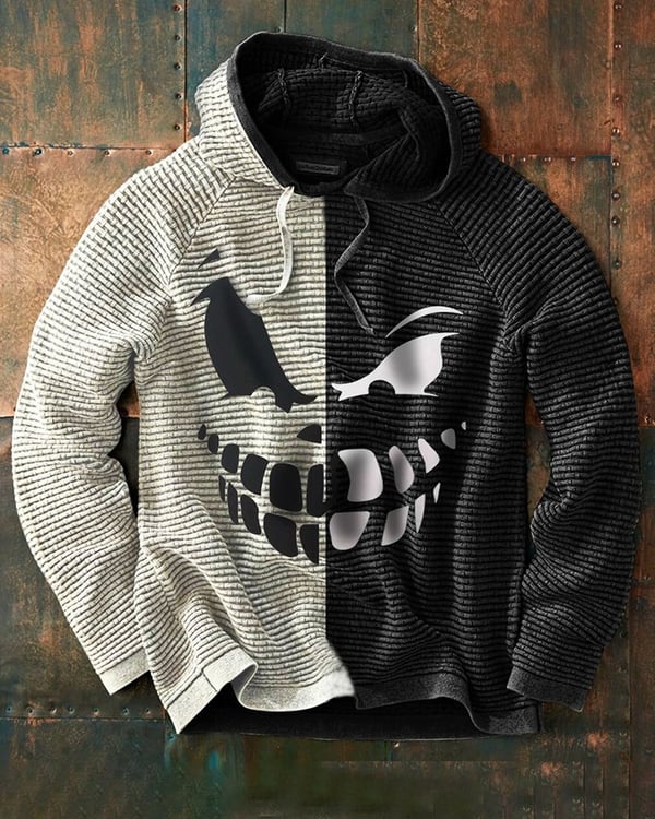 Scary Smiley Print Halloween Colorblock Long Sleeve Hoodie