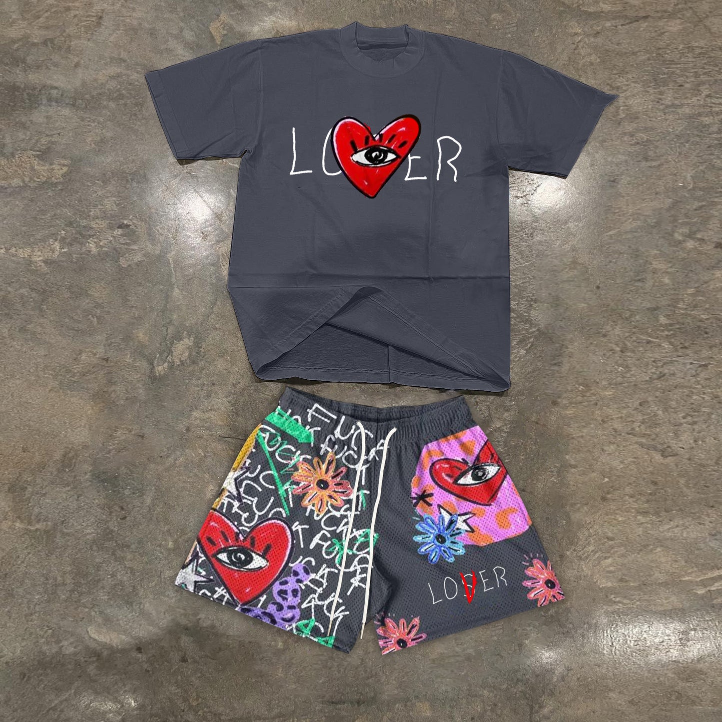 Casual Vintage Heart Print Shorts Set