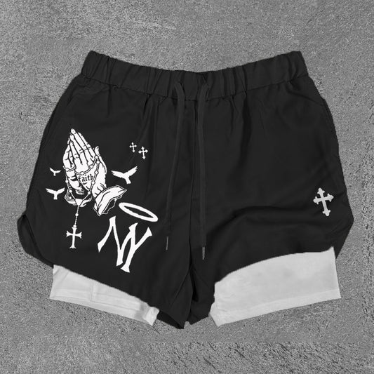 Praying Hands & NY Print Double Layer Shorts