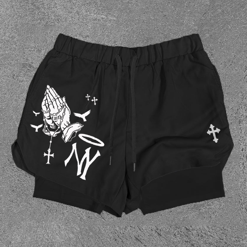 Praying Hands & NY Print Double Layer Shorts