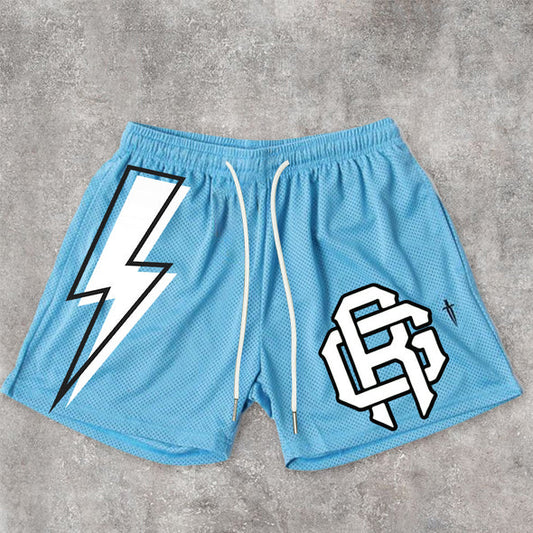 Lightning Print Vintage Street Mesh Shorts