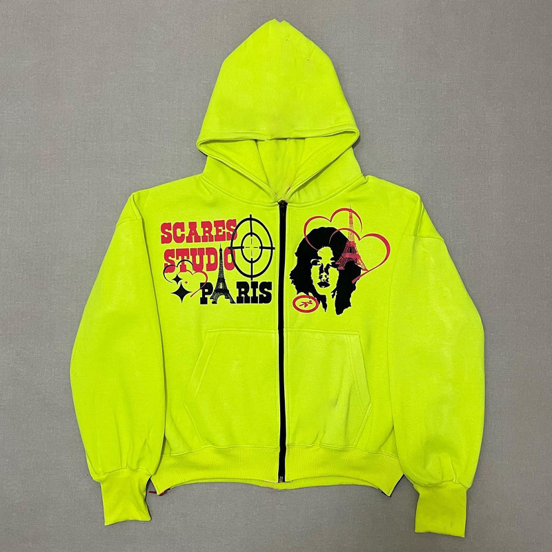 Street  Fluorescent Green Zip Hoodie