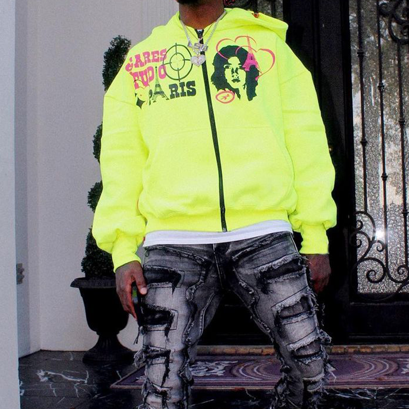 Street  Fluorescent Green Zip Hoodie