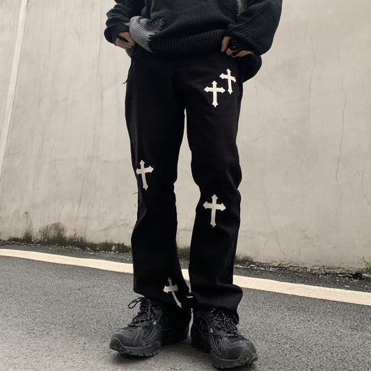 Cross-print street style hip-hop jeans