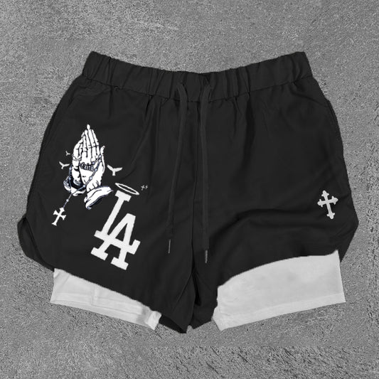 Praying Hands & LA Print Double Layer Shorts