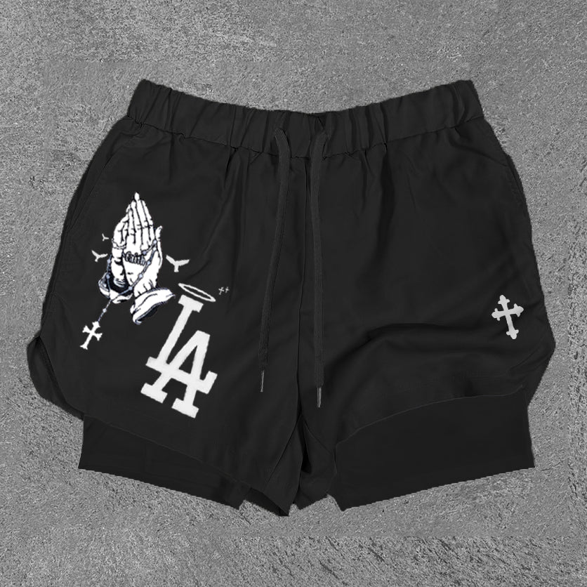 Praying Hands & LA Print Double Layer Shorts