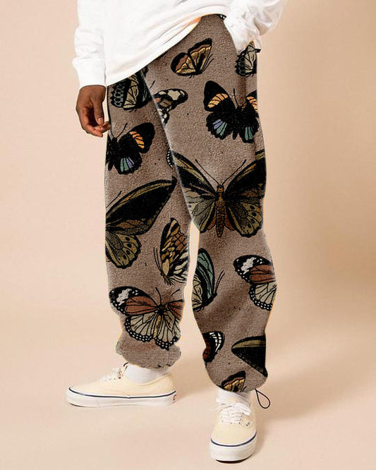 Vintage street style butterfly print fleece trousers