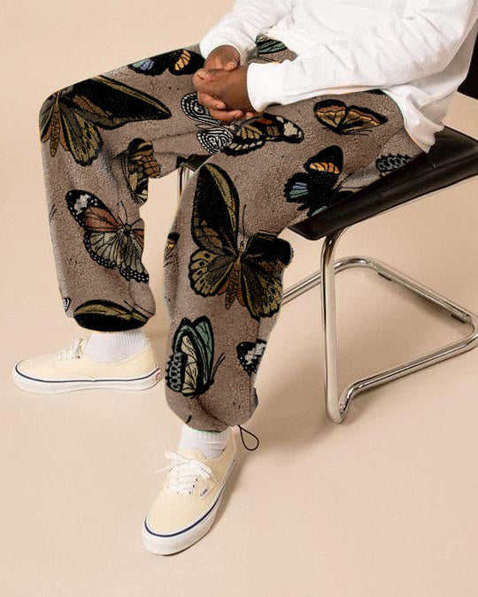 Vintage street style butterfly print fleece trousers