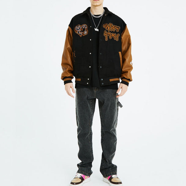 Jigsaw embroidery loose tide brand stitching lapel baseball style casual jacket