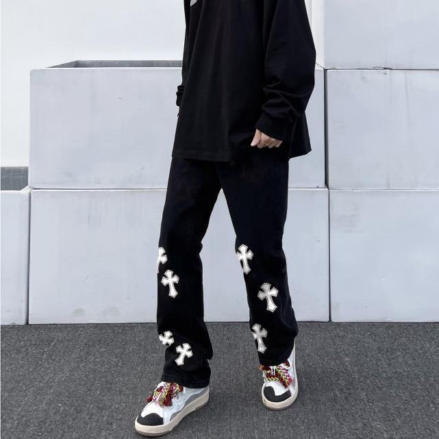 Street cross print street denim trousers