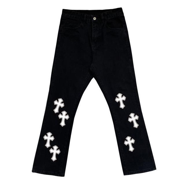 Street cross print street denim trousers