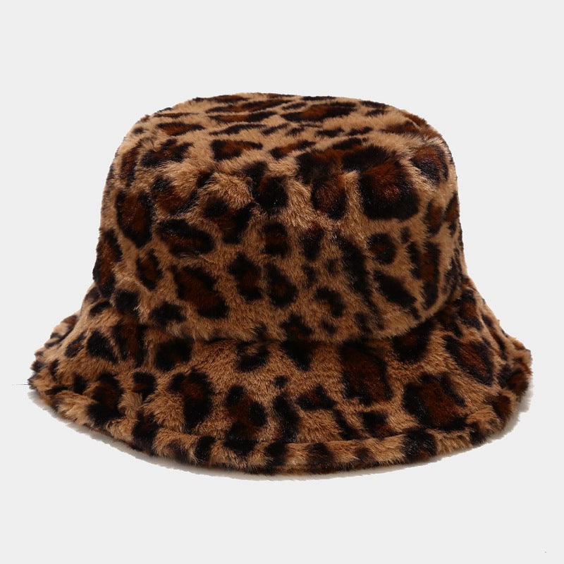 Casual Versatile Leopard Print Fleece Thickened Windproof Bucket Hats