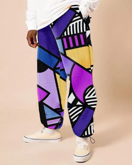 Contrast Vintage Print Fleece Cuffed Trousers