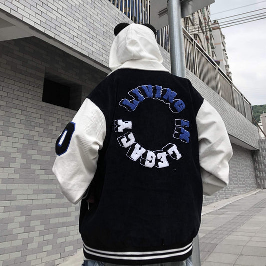 Letter embroidered corduroy couple baseball jacket