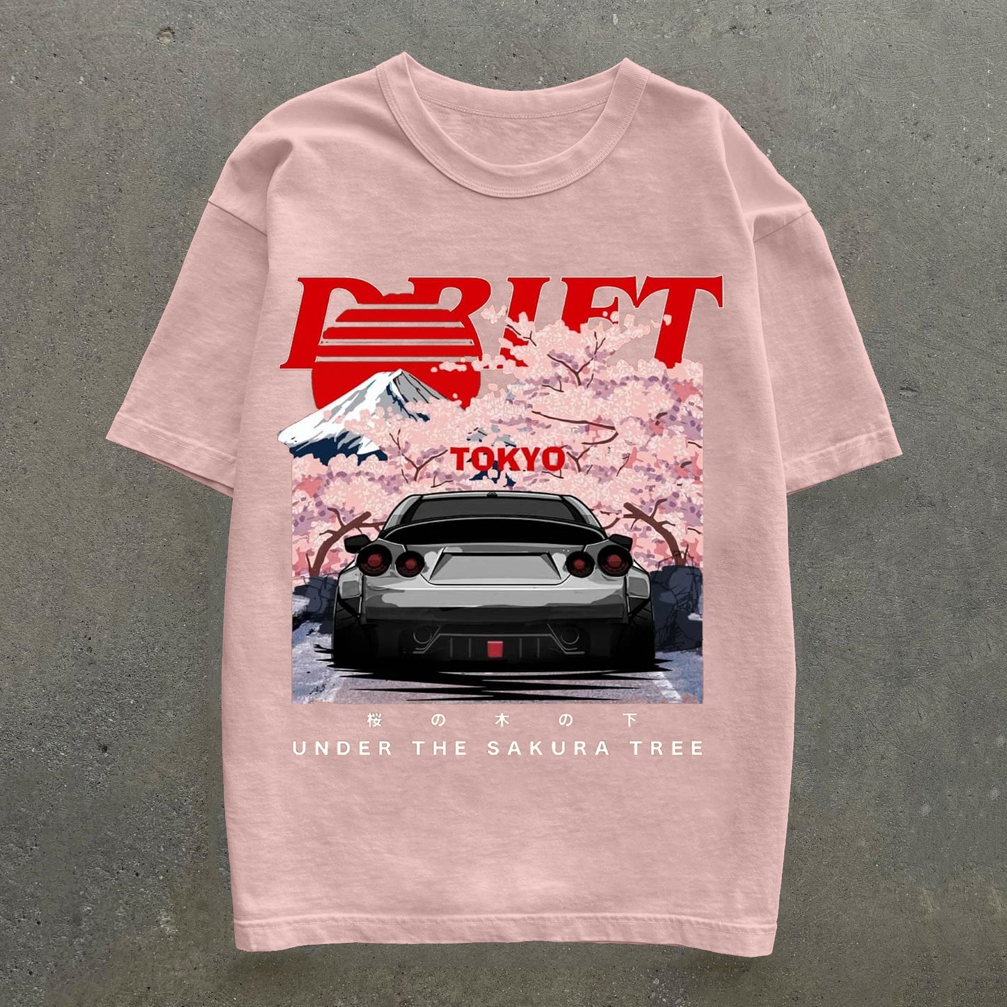 Car & Sakura Print Short Sleeve T-Shirt