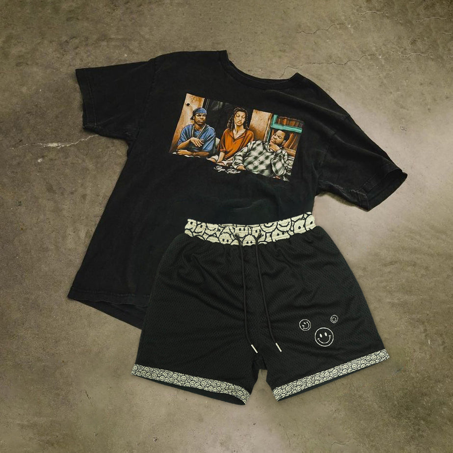 Retro Graphic Street Style Short Sleeve Shorts Set