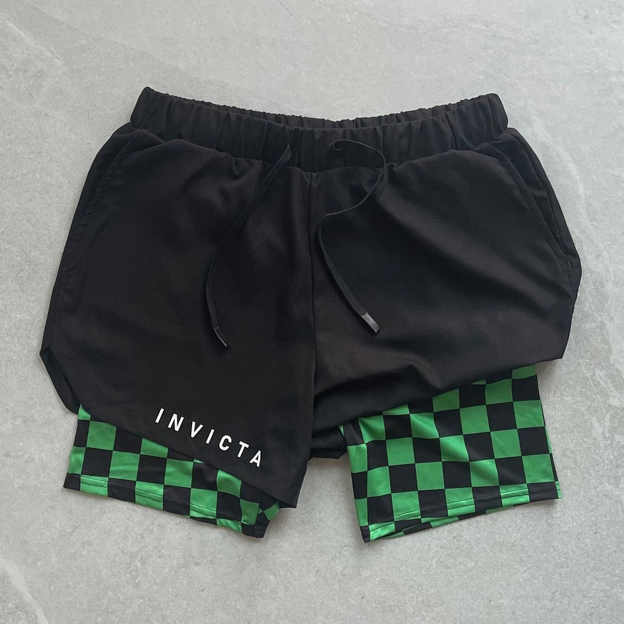 Invictakuru Anime Check Print Double Layer Quick Dry Shorts