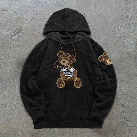 Trendy Retro Bear Print Plush Hoodie