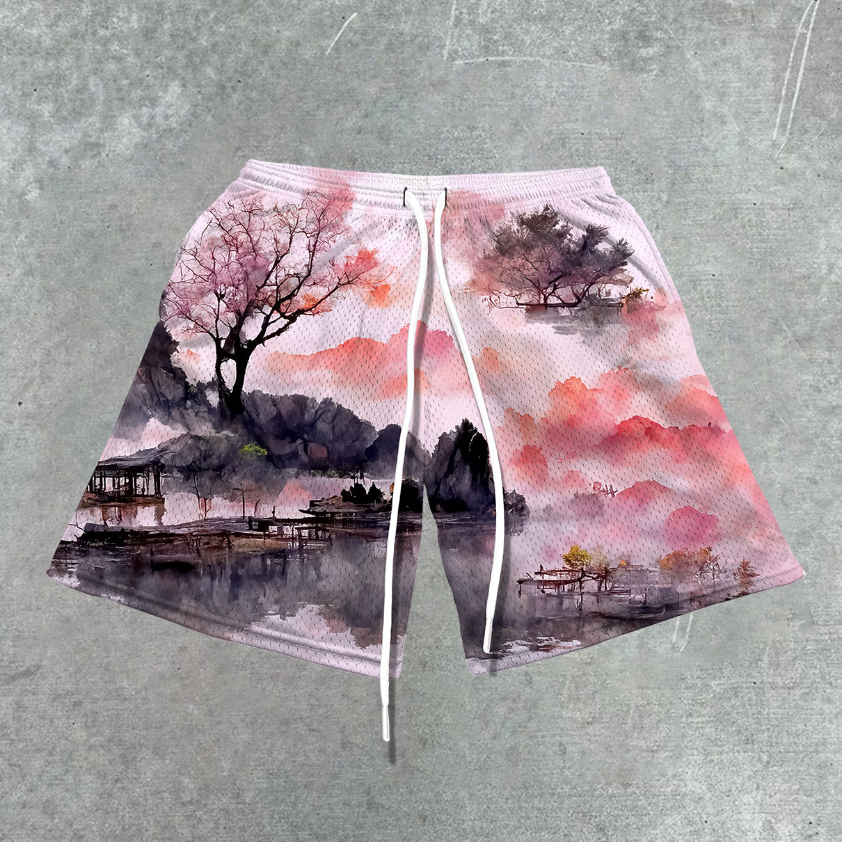 Pink Artwork Mesh Shorts