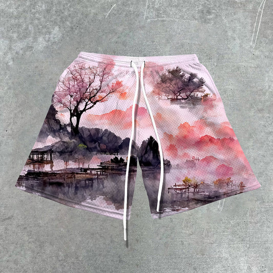 Pink Artwork Mesh Shorts