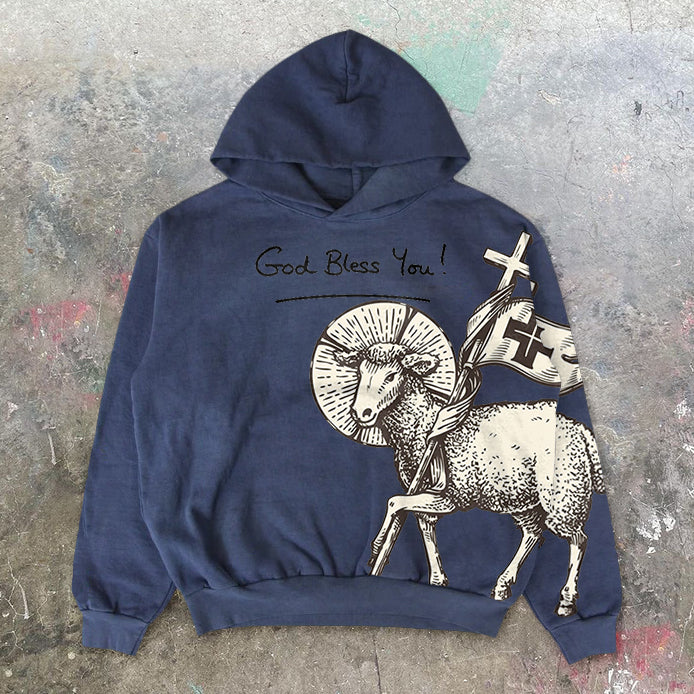 Vintage God Bless You Print Hoodie