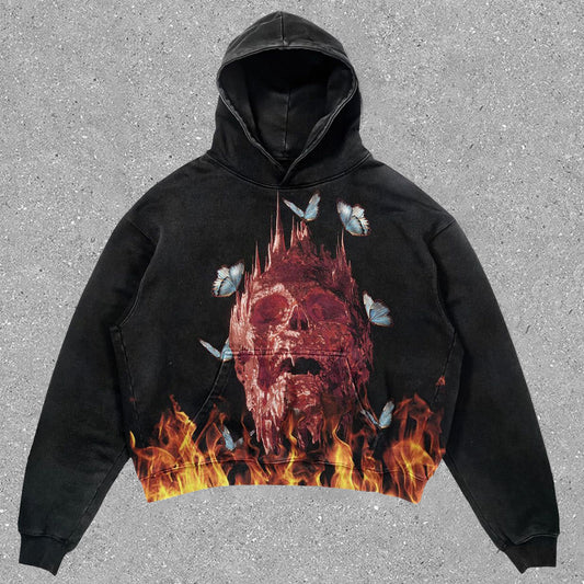 Stylish Retro Flame Skull Print Hoodie