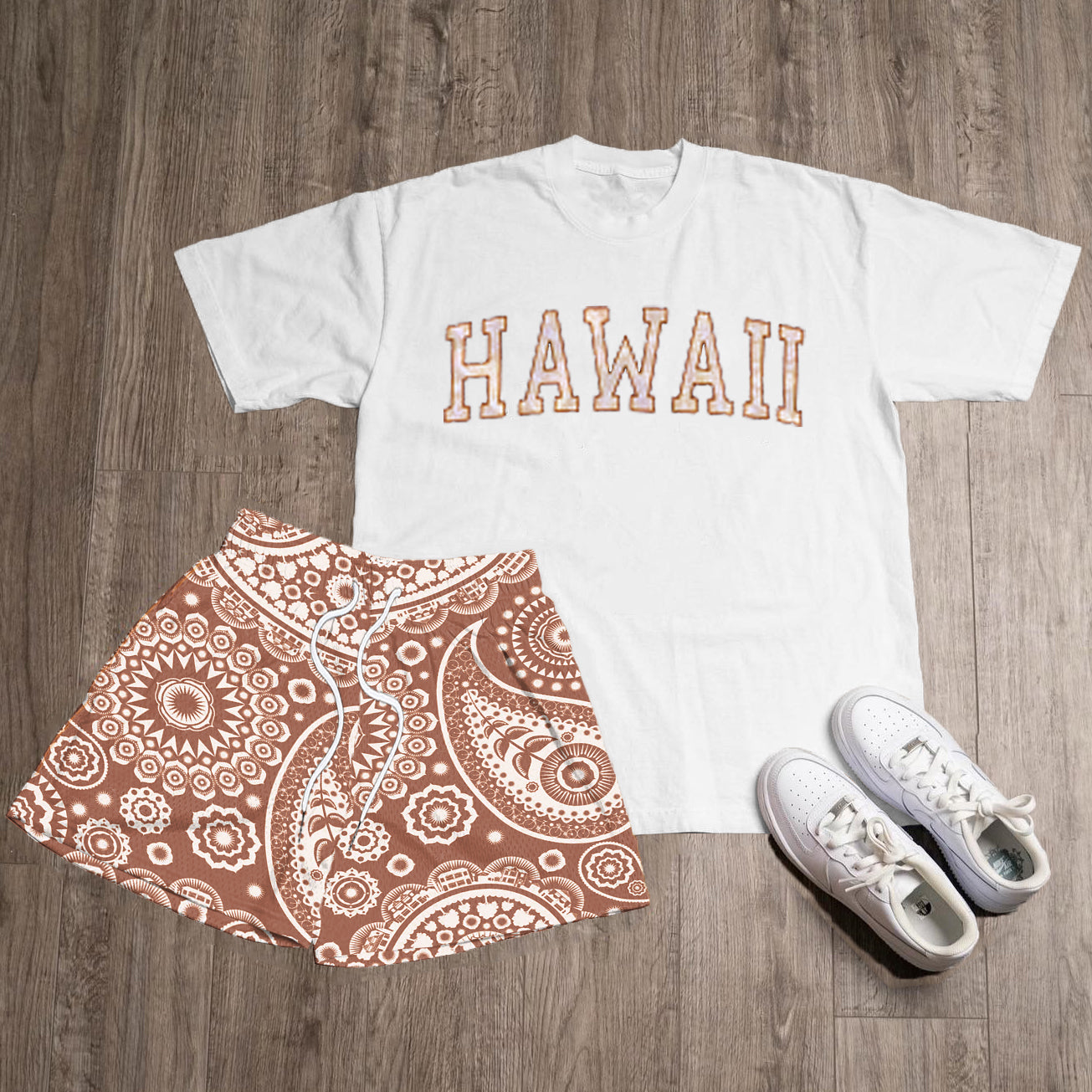 Hawall Print T-Shirt Shorts Two-Piece Set