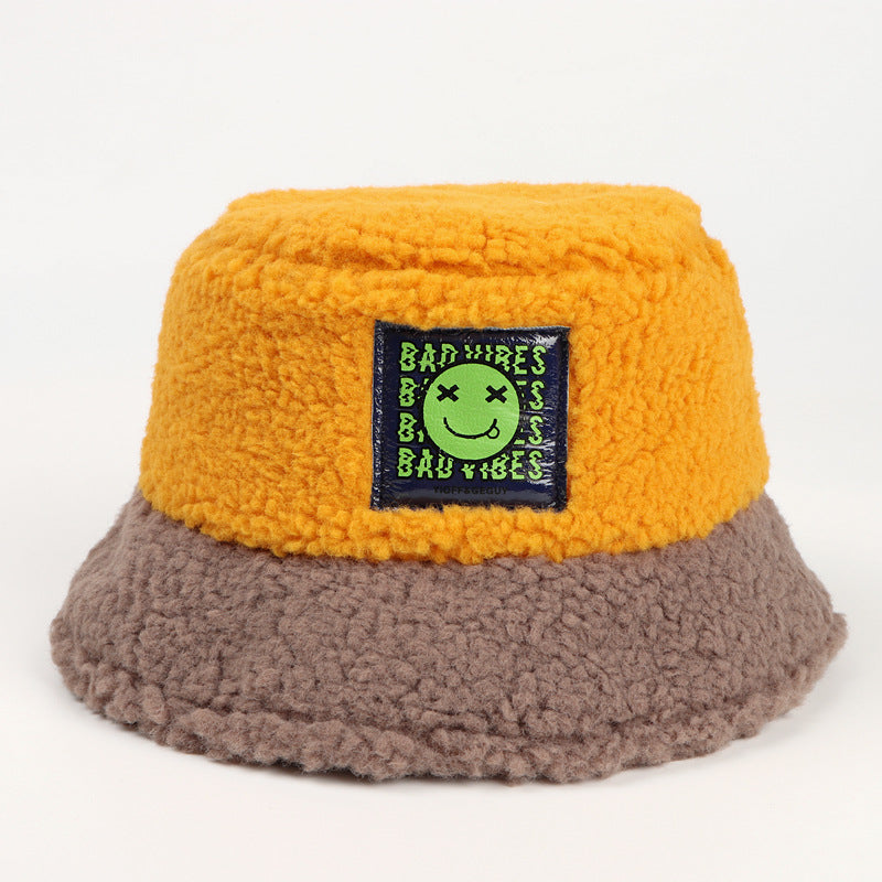 Smiley sticker color matching plus velvet thick warm plush basin hat