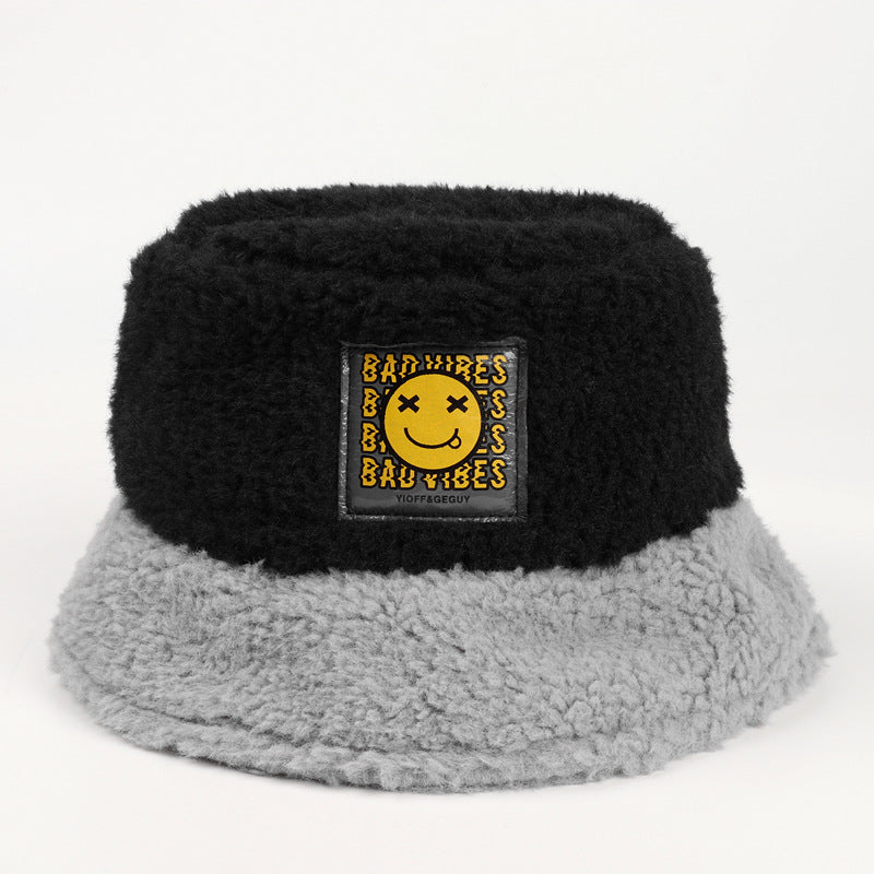 Smiley sticker color matching plus velvet thick warm plush basin hat