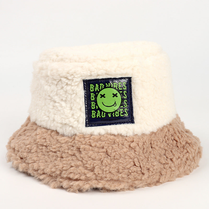 Smiley sticker color matching plus velvet thick warm plush basin hat