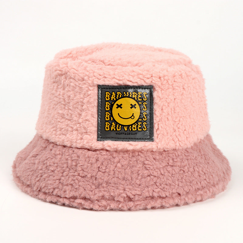 Smiley sticker color matching plus velvet thick warm plush basin hat