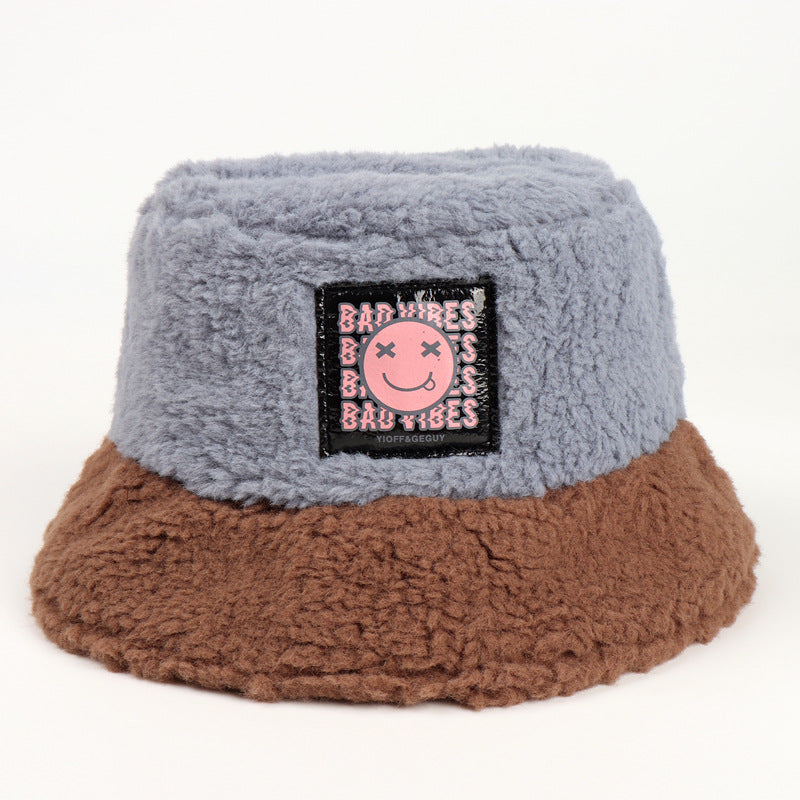 Smiley sticker color matching plus velvet thick warm plush basin hat