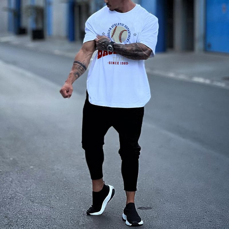 Fashionable baseball print short-sleeved loose T-shirt