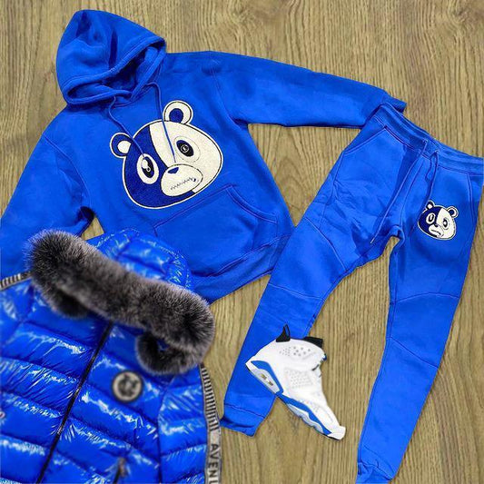 Bear print hooded sweatshirt pants suit