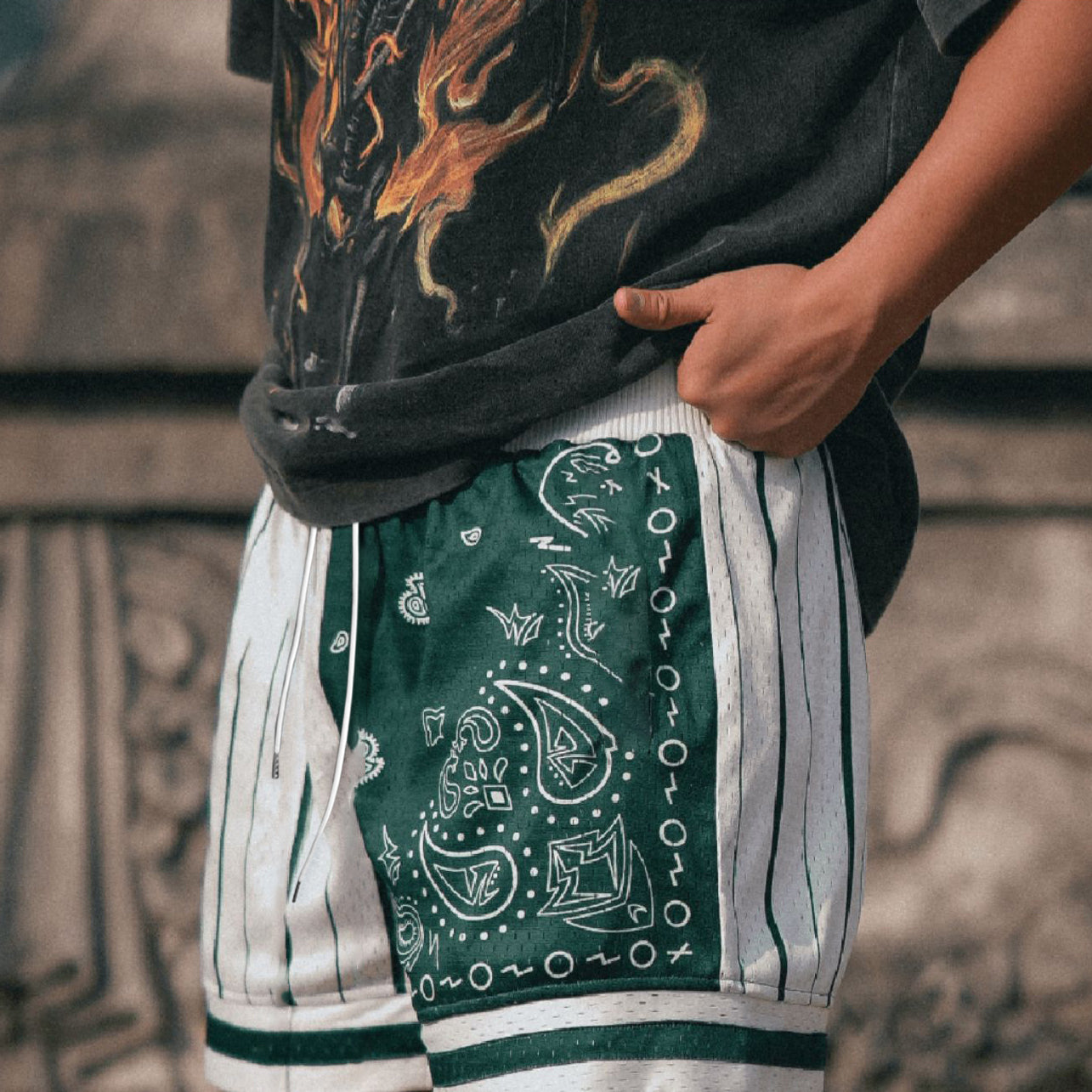 Paneled Cashew Flower Vintage Mesh Shorts