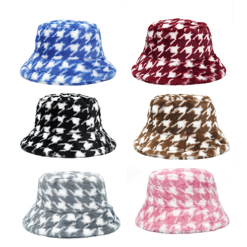 Velvet warm houndstooth pot hat sun hat big brim rabbit fleece hat