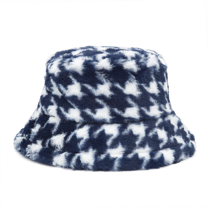 Velvet warm houndstooth pot hat sun hat big brim rabbit fleece hat