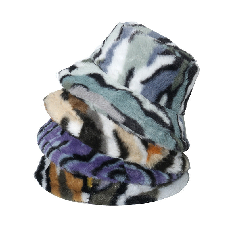 Warm Hat Plush Gradient Color Striped Bucket Hat Basin Hat