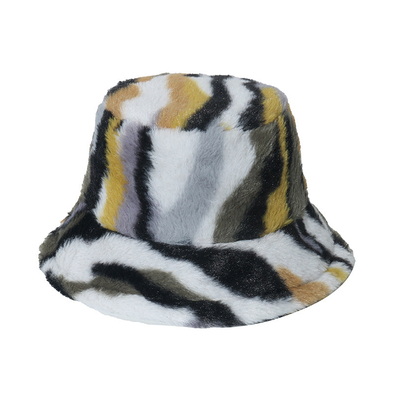 Warm Hat Plush Gradient Color Striped Bucket Hat Basin Hat