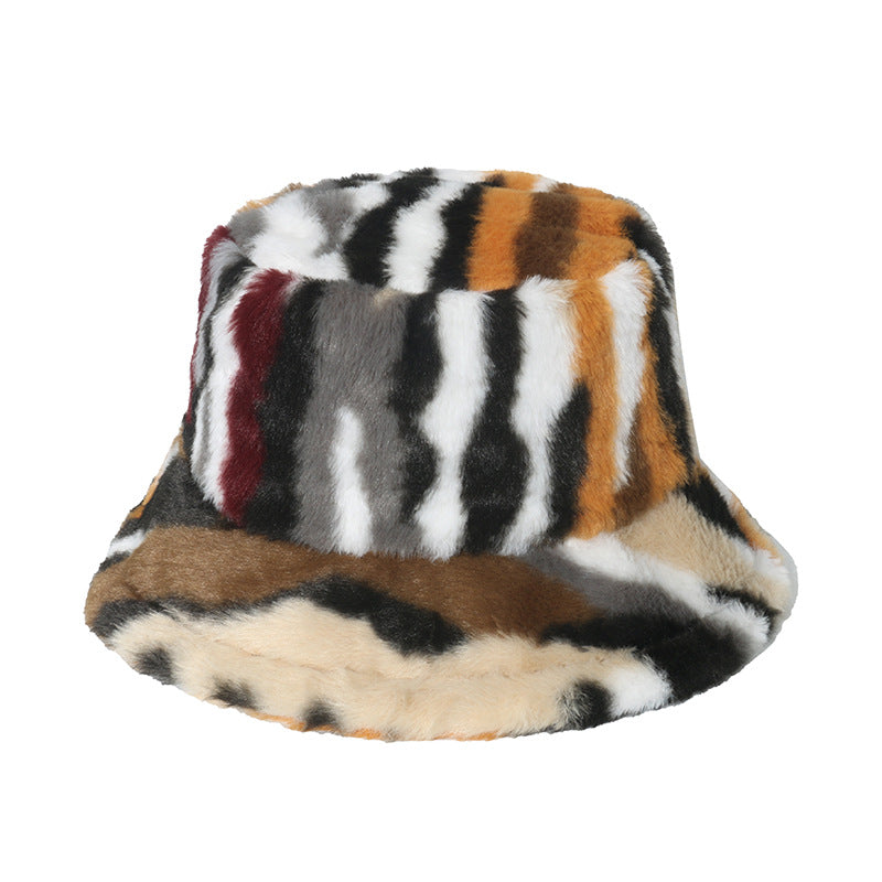 Warm Hat Plush Gradient Color Striped Bucket Hat Basin Hat