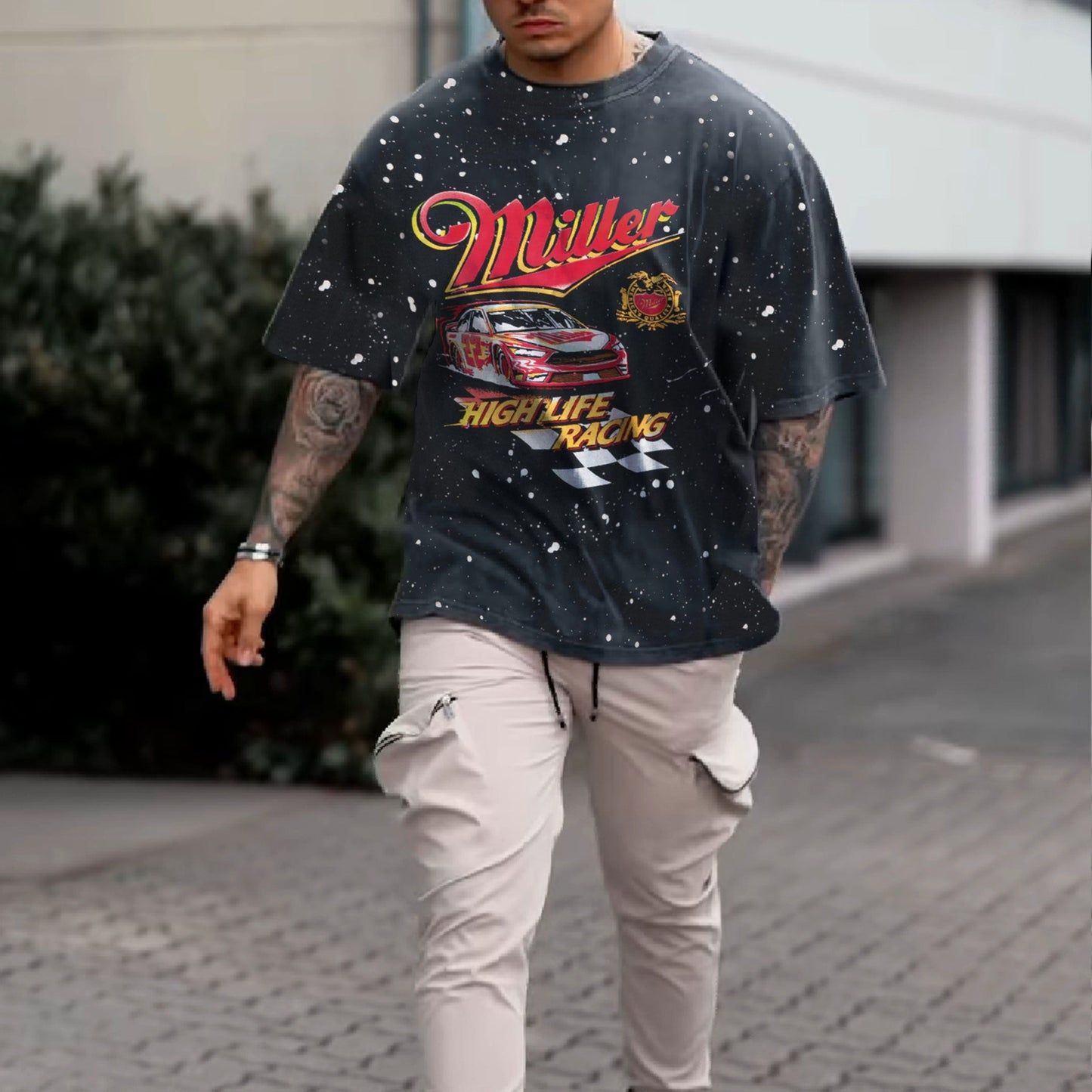 statement street style racing print T-shirt