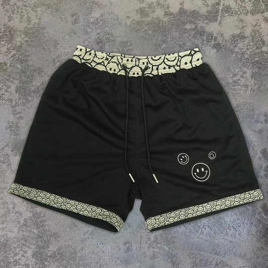 Fashion Smiley Pattern Vintage Mesh Street Shorts