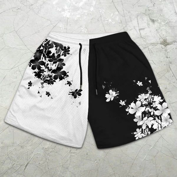 Sakura Graphic Print Colorblock Elastic Shorts