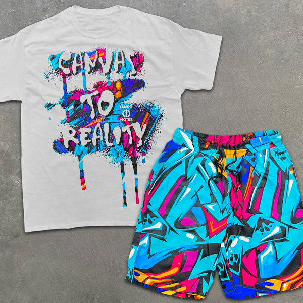 Graffiti Slogan Graphic Print Short Sleeve Two Piece