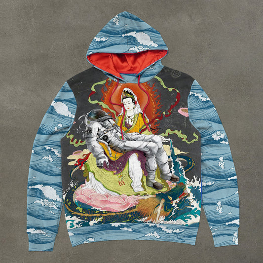 retro-print satin street hoodies