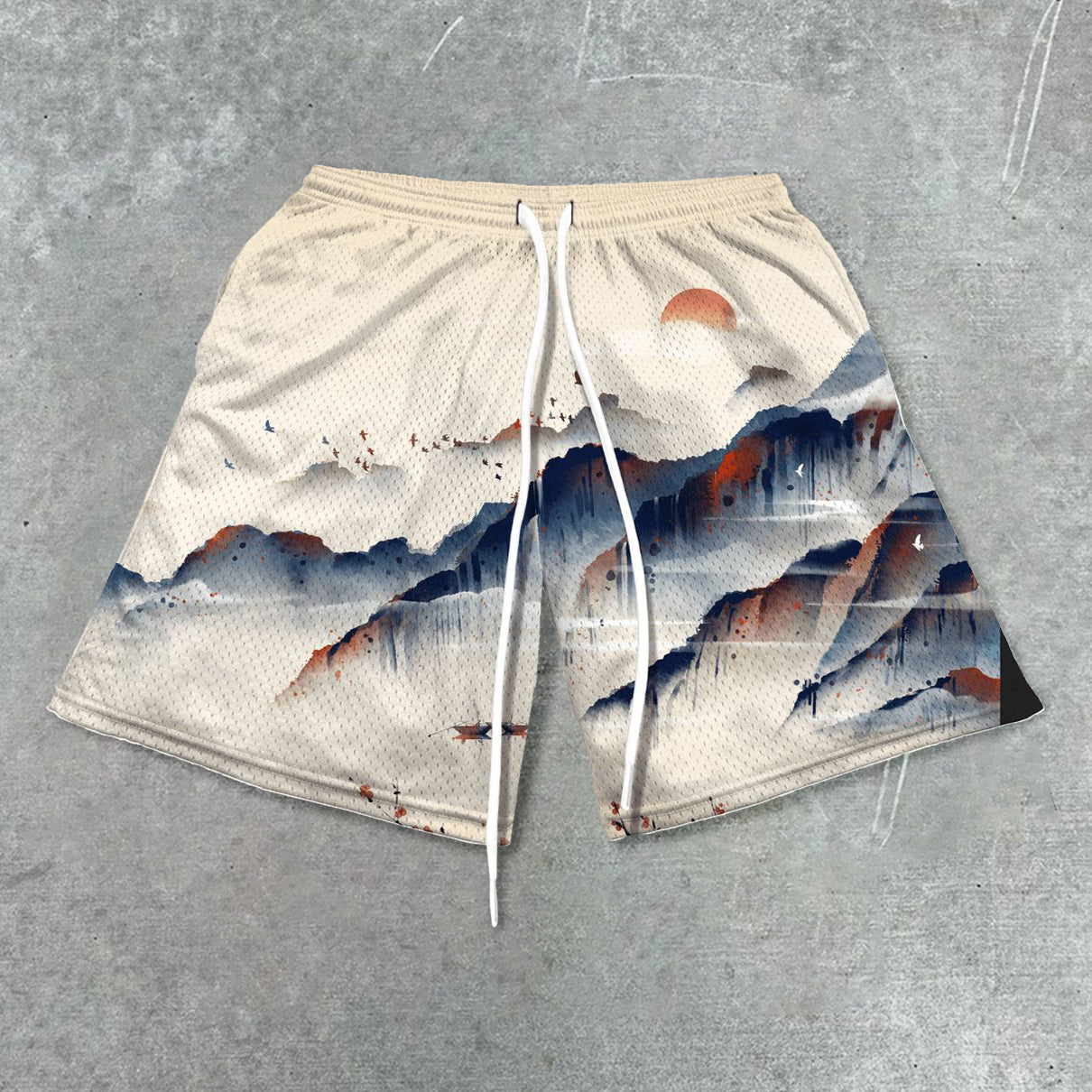 Landscape painting vintage print mesh shorts