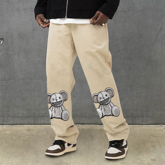 Fashion bear print corduroy street trousers