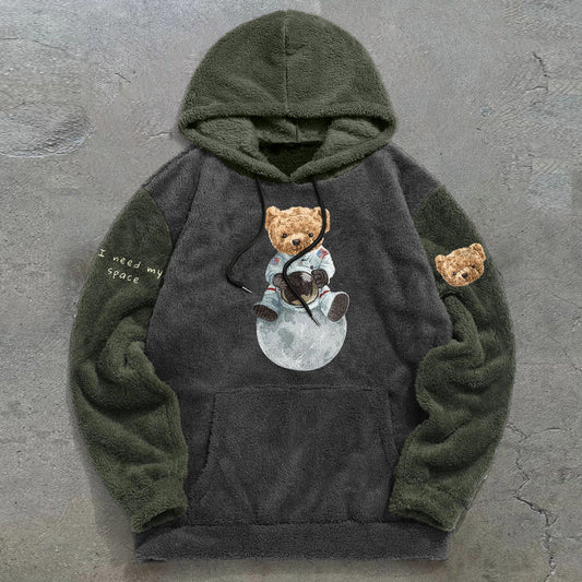 Astronaut Bear Colorblock Retro Plush Hoodie