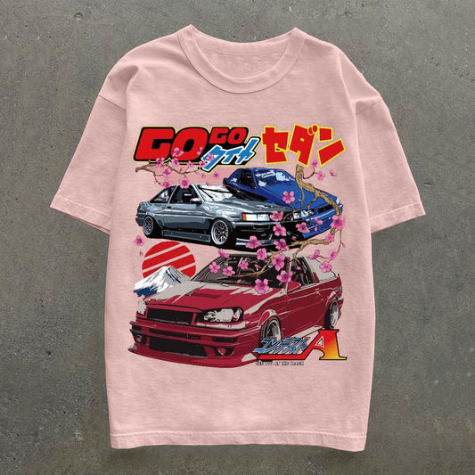 Sakura & Car Print Short Sleeve T-Shirt