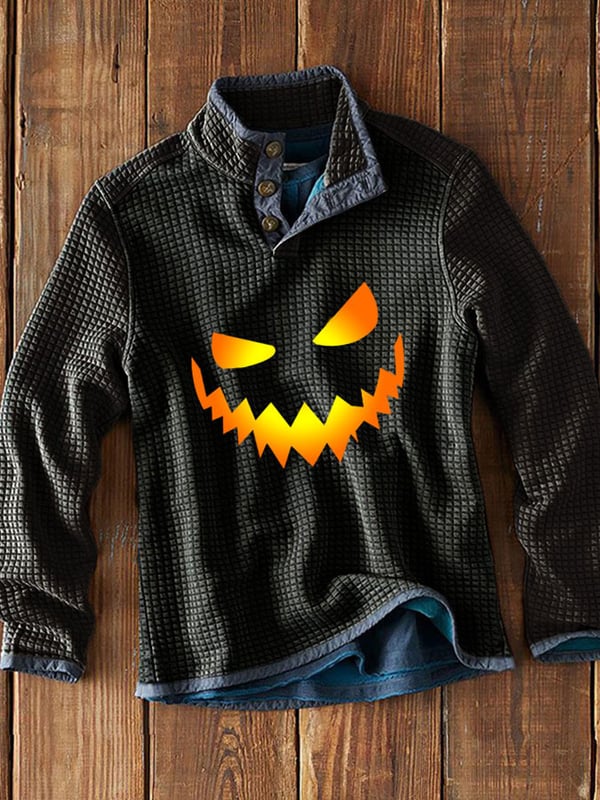 Halloween Horror Smiley Print Button Long Sleeve Sweatshirt